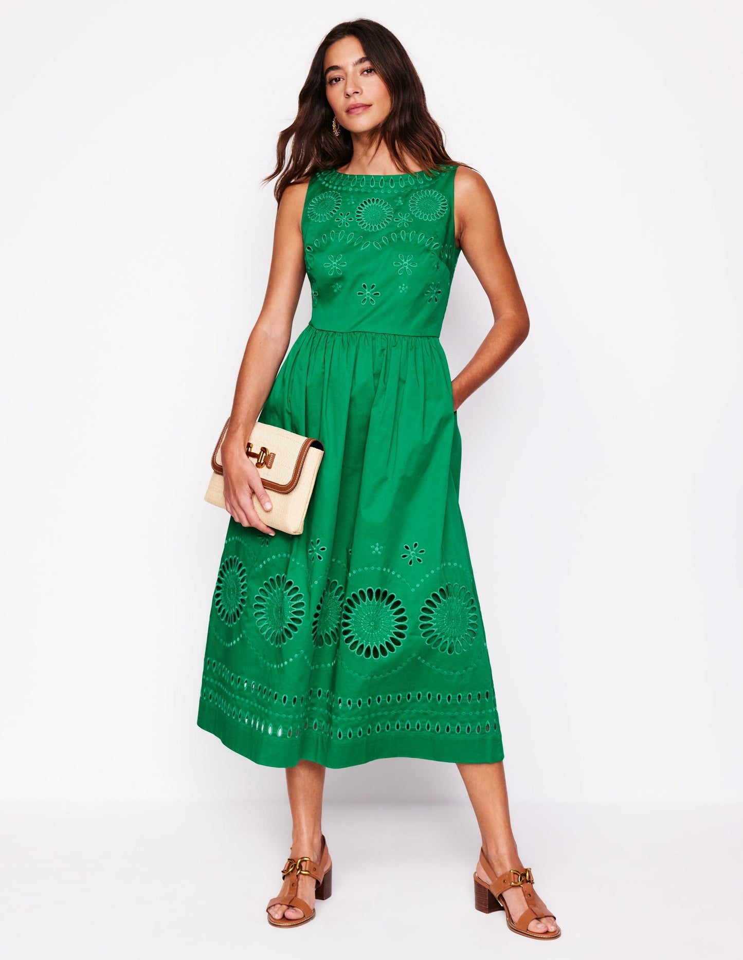 Boden Lauren Broderie Midi Dress - Rich Emerald, Broderie