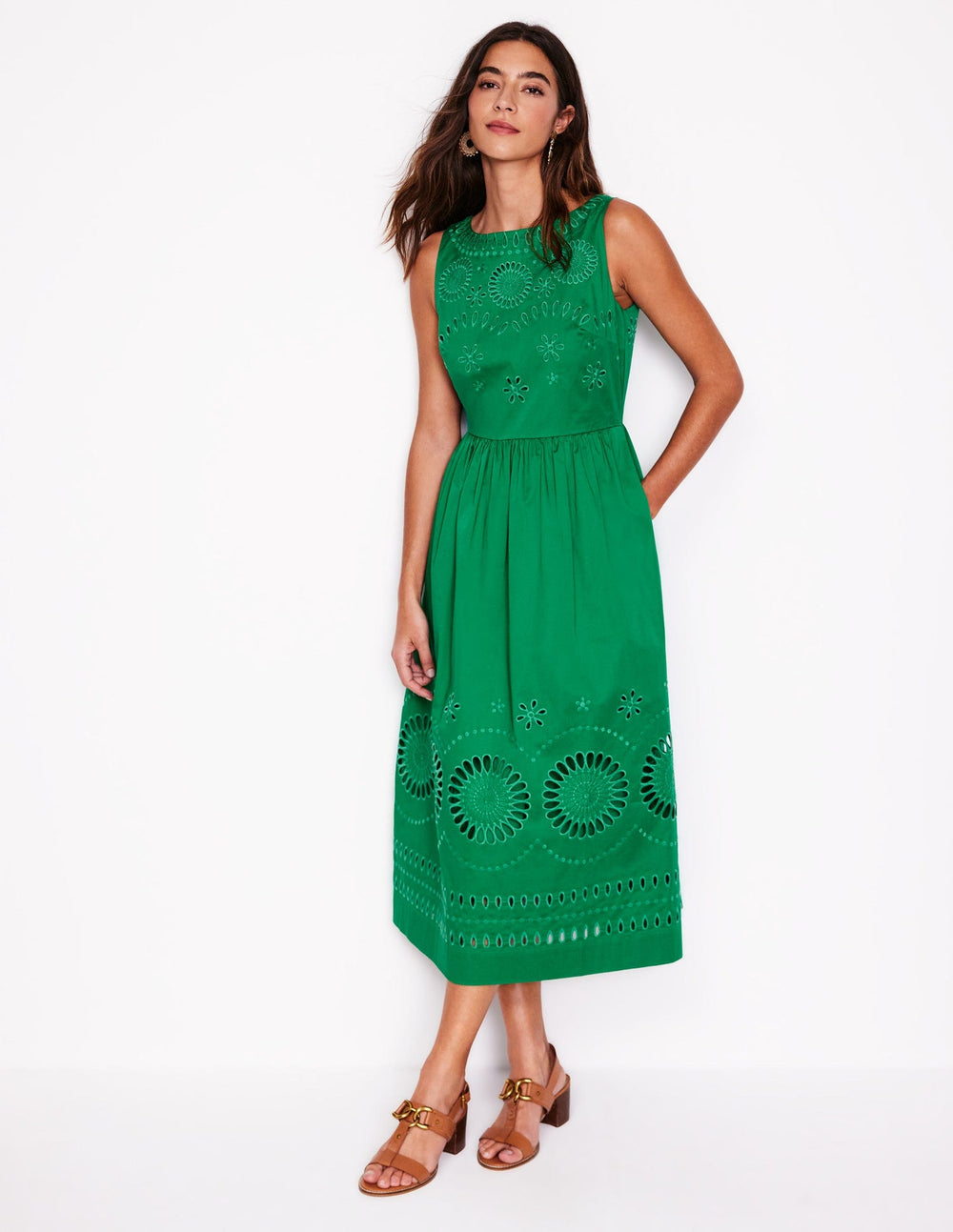 Boden Lauren Broderie Midi Dress - Rich Emerald, Broderie