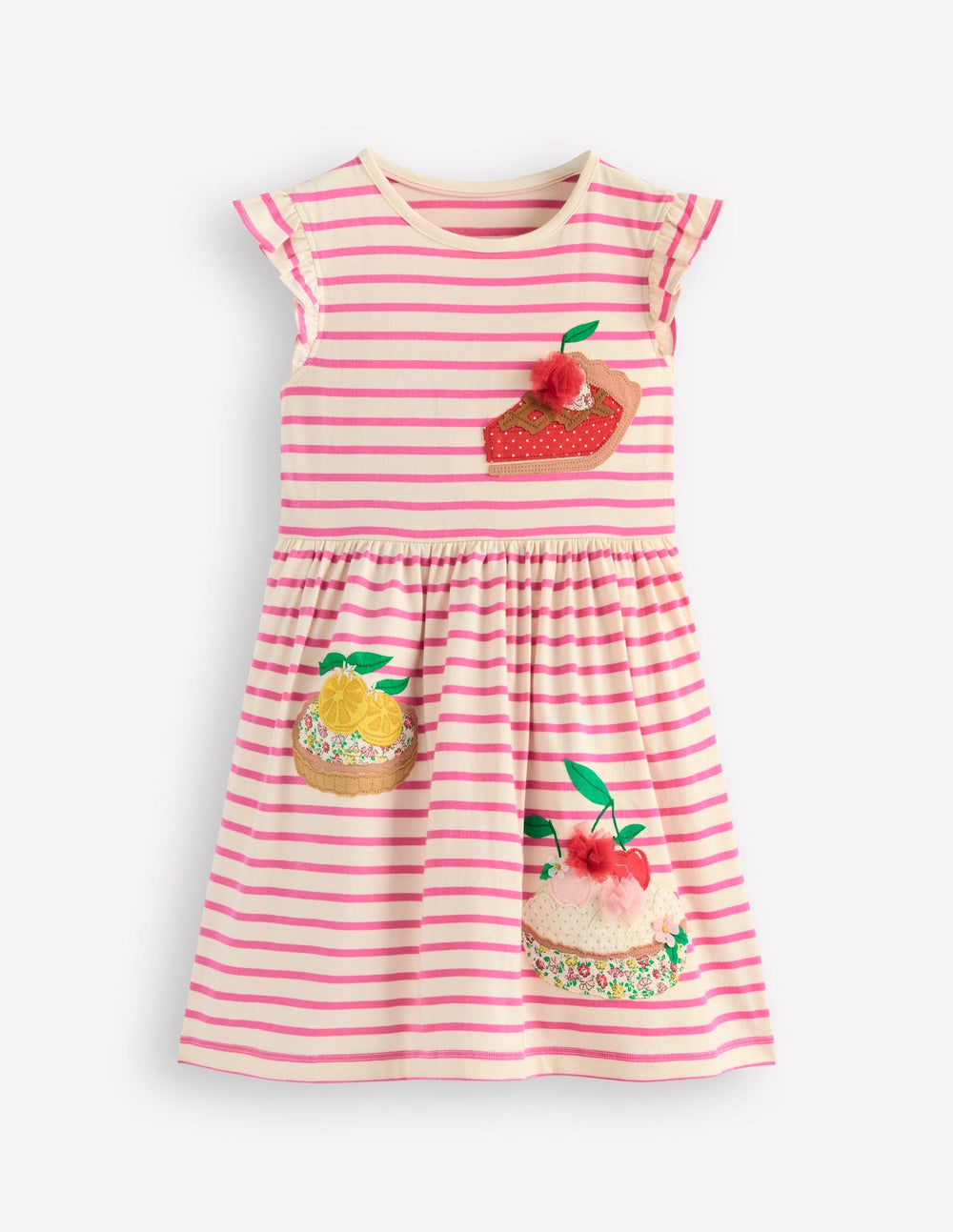 Boden Flutter Sleeve Appliqué Dress - Pink Stripe Cakes