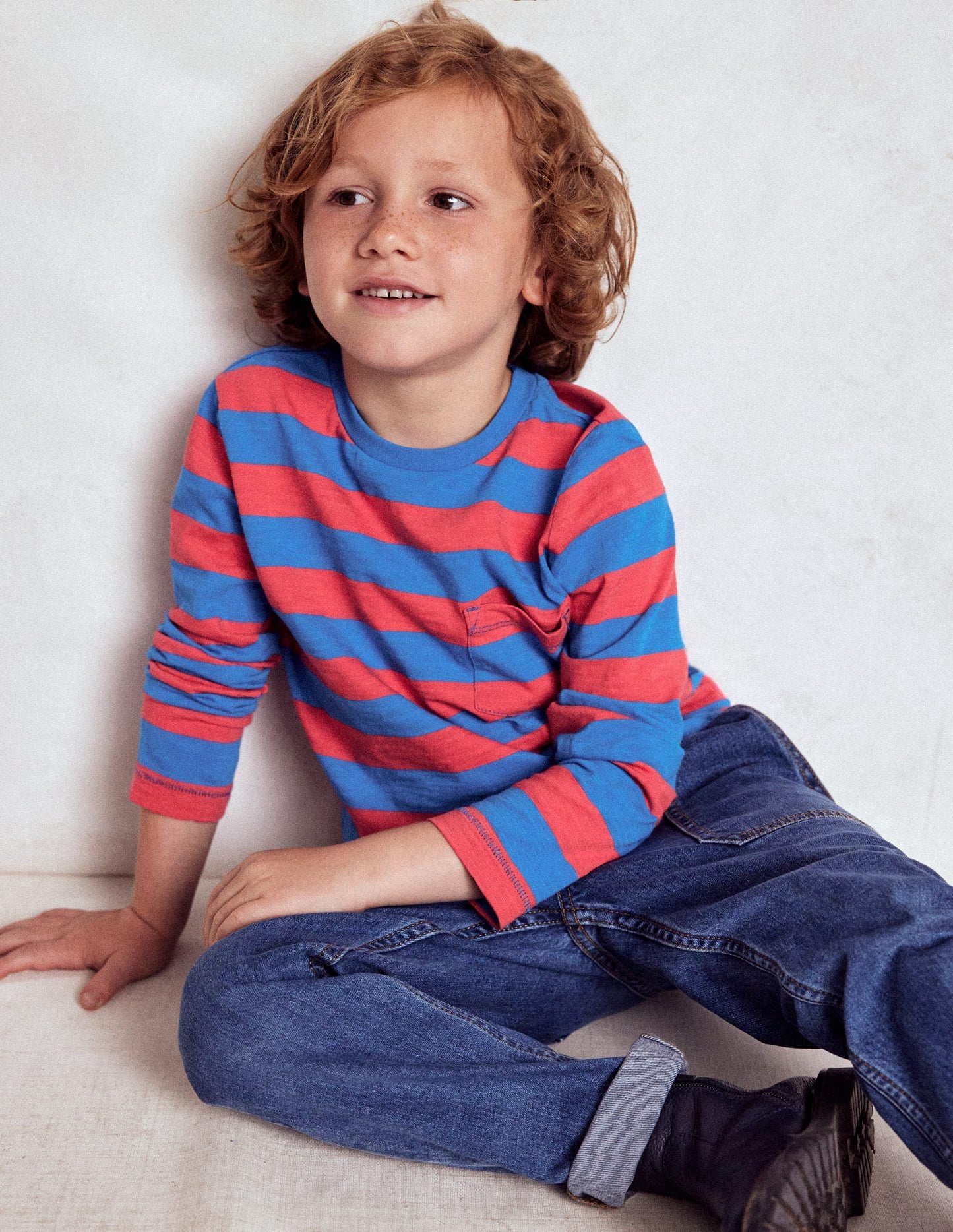 Boden Everyday Long Sleeve T-shirt - Kingfisher Blue/ Jam Red