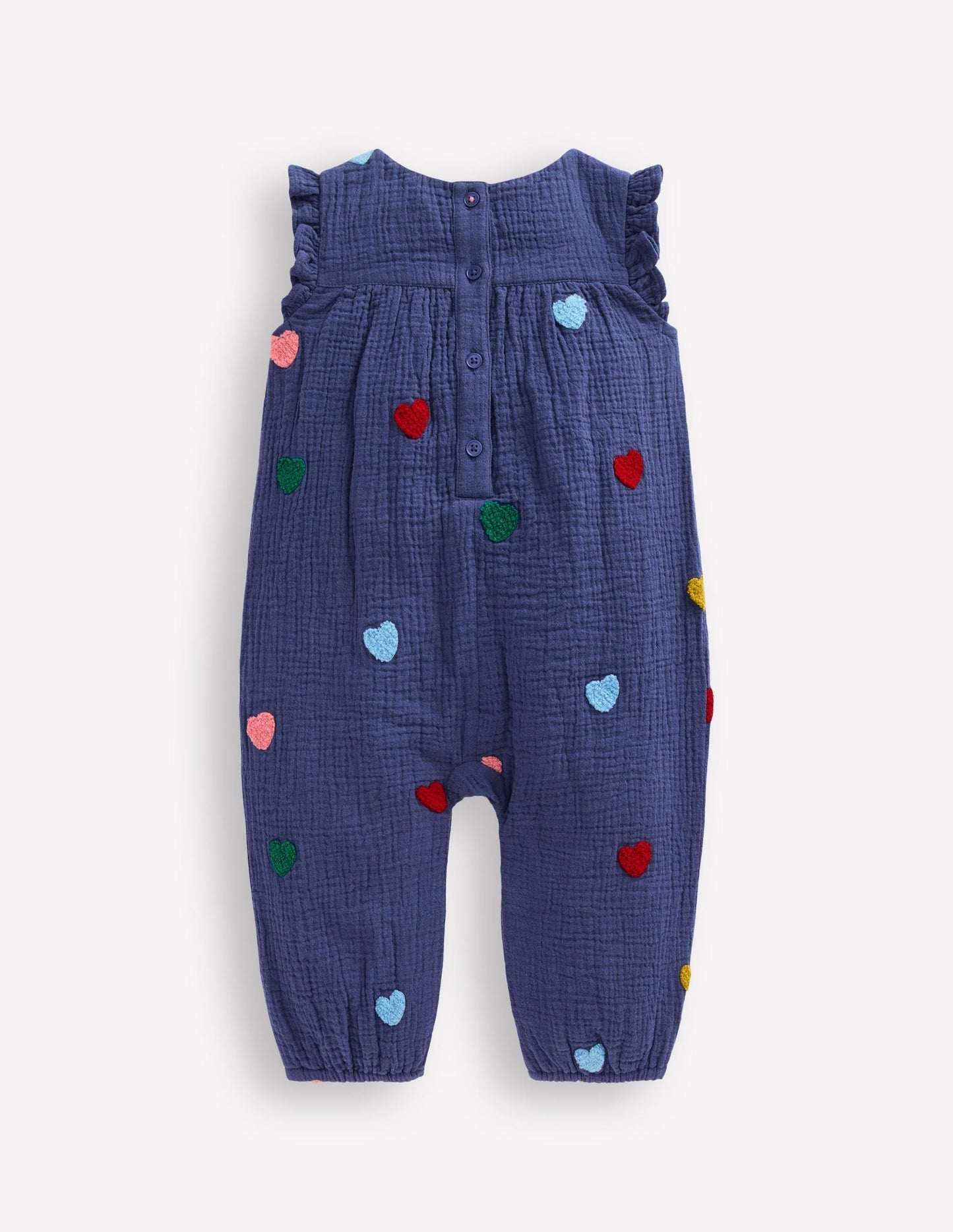 Boden Ruffle Sleeve Romper - Navy Hearts