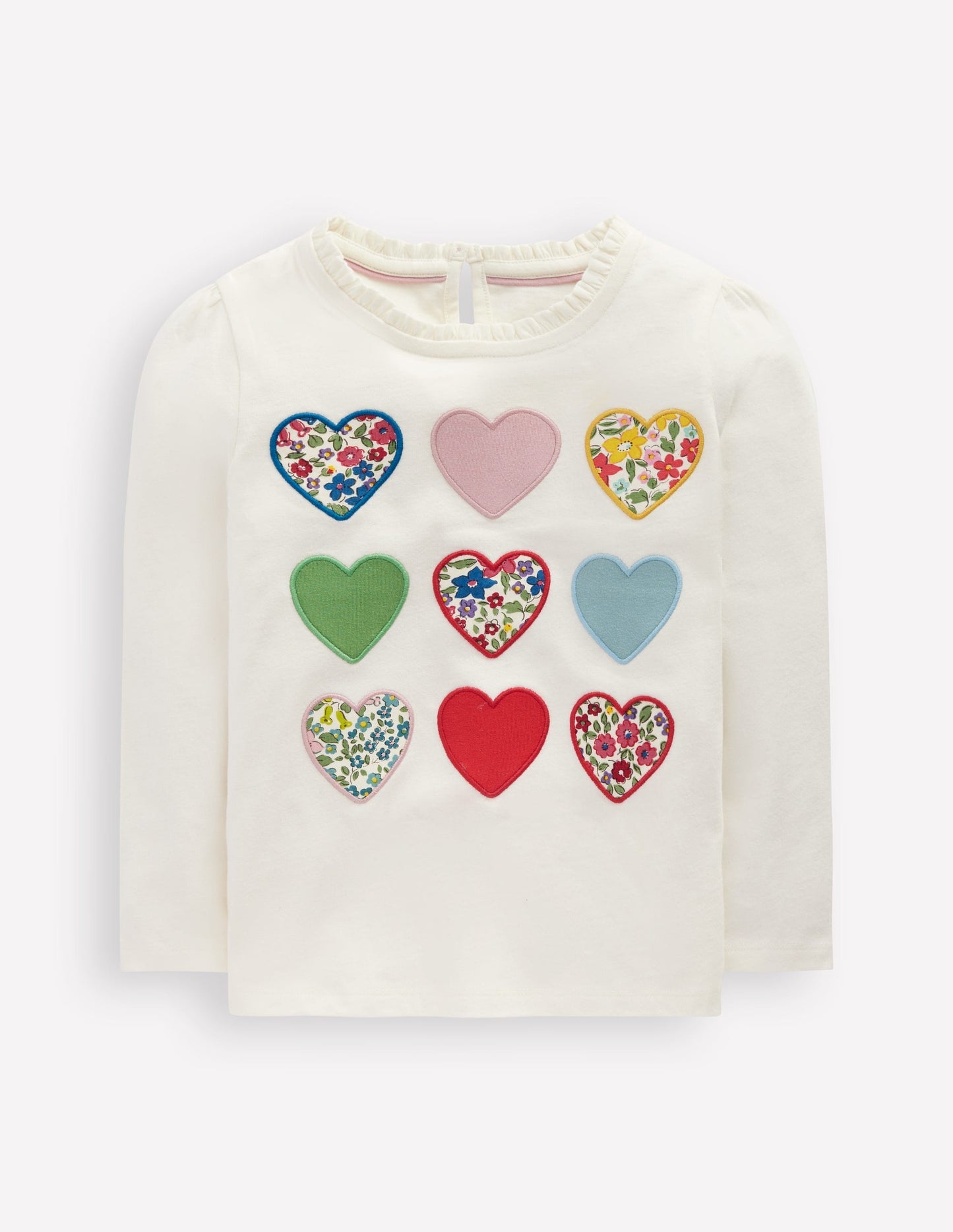 Boden Frill Neck Appliqué T-shirt - Soft Ivory Hearts