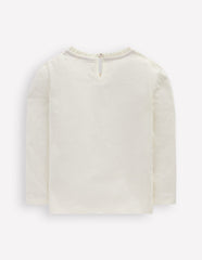 Boden Frill Neck Appliqué T-shirt - Soft Ivory Hearts