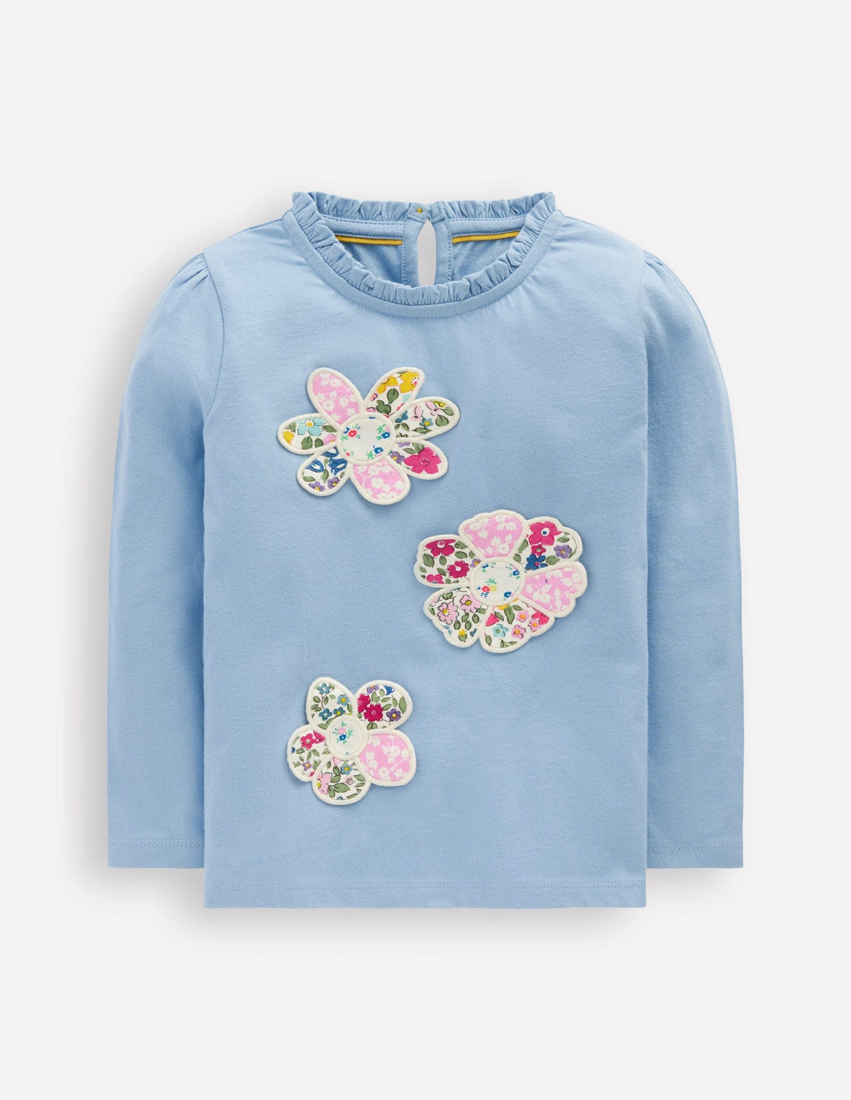 Boden Frill Neck Appliqué T-shirt - Glacier Blue Flowers