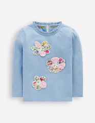 Boden Frill Neck Appliqué T-shirt - Glacier Blue Flowers