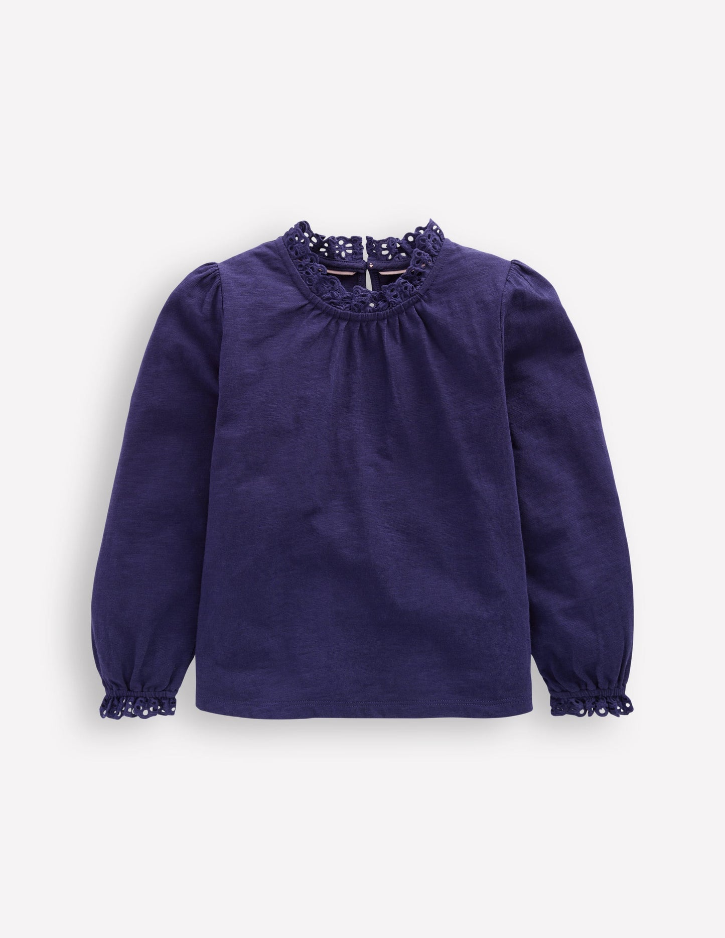 Boden Broderie Trim Jersey Top - Starboard Blue