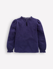 Boden Broderie Trim Jersey Top - Starboard Blue