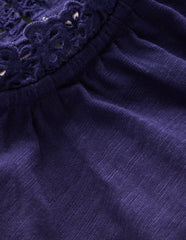 Boden Broderie Trim Jersey Top - Starboard Blue
