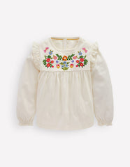 Boden Embroidered Jersey Yoke Top - Soft Ivory Embroidery