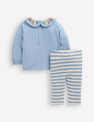 Boden Collared Jersey Set - Blue Floral Embroidery