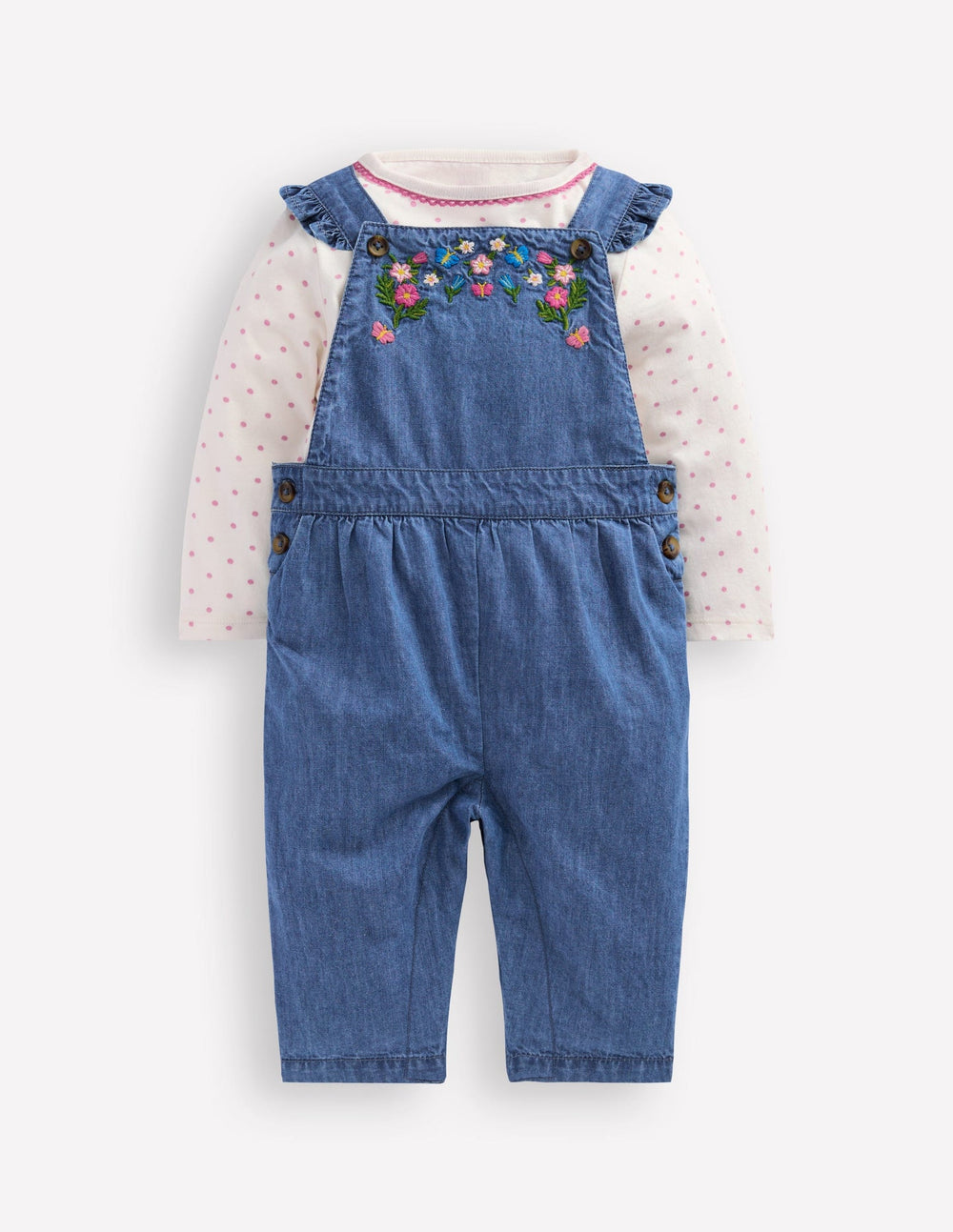 Boden Woven Overalls Set - Blue Chambray Embroidery