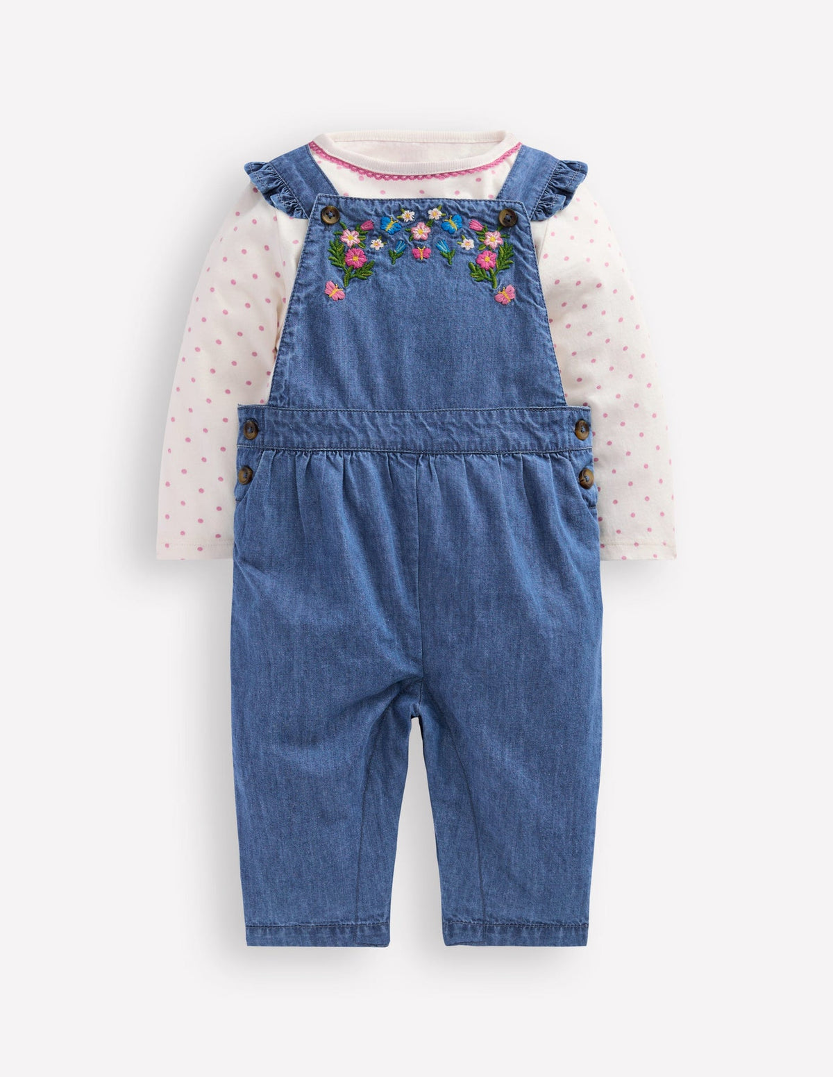 Boden Woven Overalls Set - Blue Chambray Embroidery