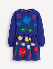 Boden Applique Sweatshirt Dress - Sapphire Blue Flowers