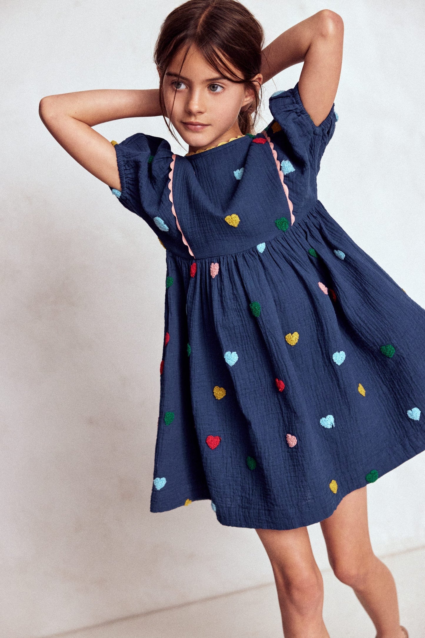 Boden Puff Sleeve Double Cloth Dress - Starboard Blue Hearts