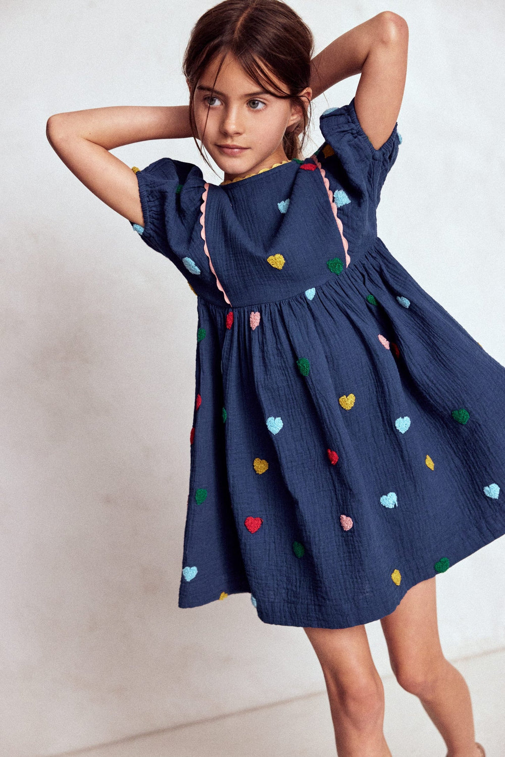 Boden Puff Sleeve Double Cloth Dress - Starboard Blue Hearts