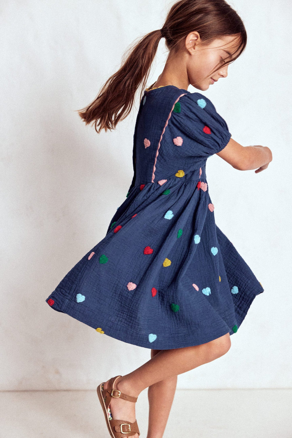 Boden Puff Sleeve Double Cloth Dress - Starboard Blue Hearts