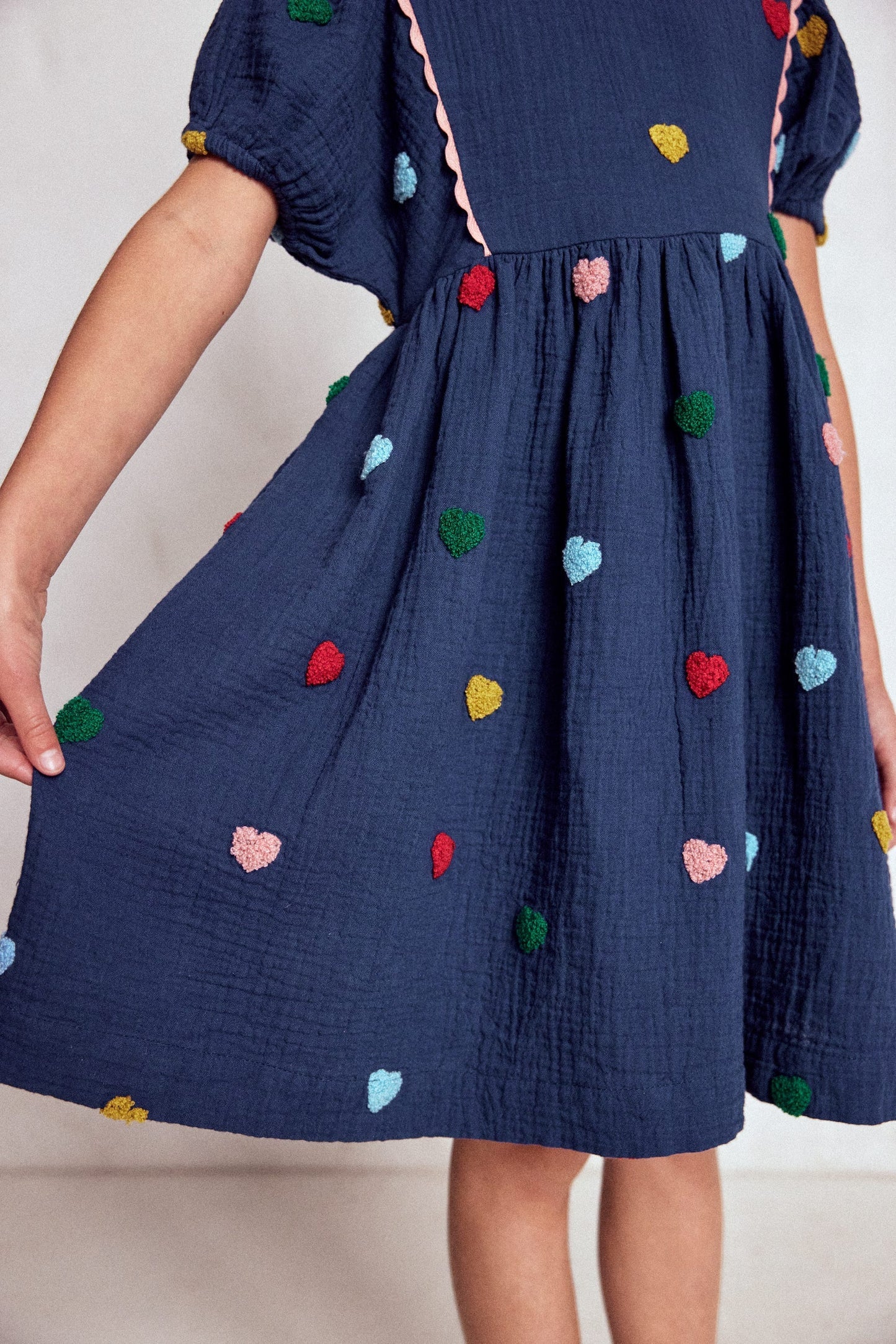 Boden Puff Sleeve Double Cloth Dress - Starboard Blue Hearts
