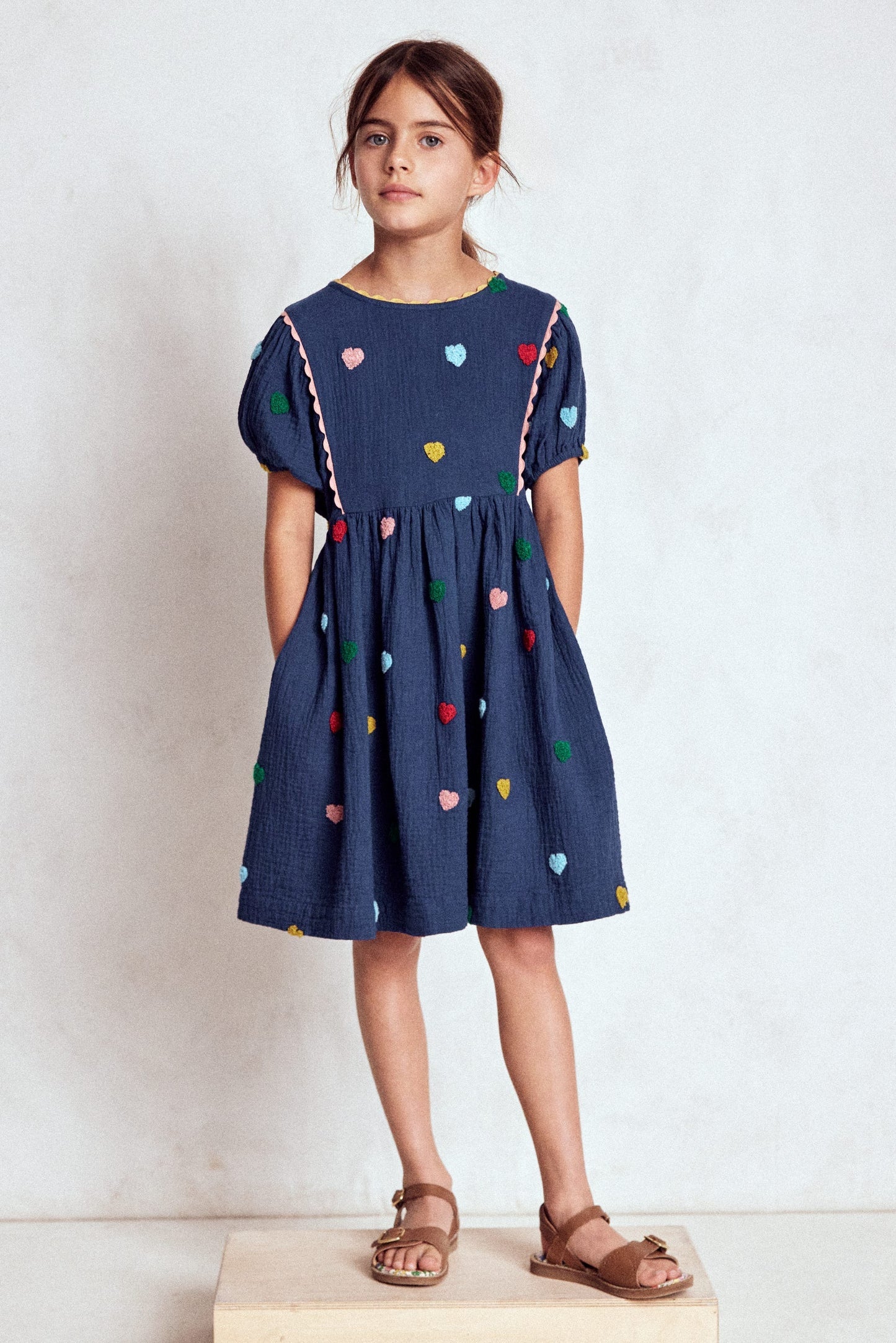 Boden Puff Sleeve Double Cloth Dress - Starboard Blue Hearts