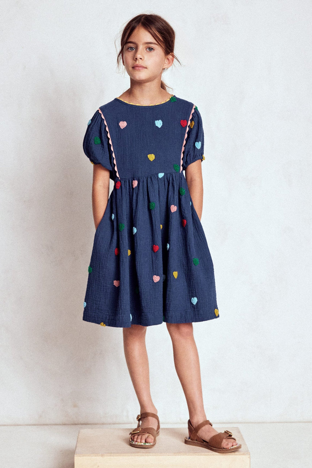 Boden Puff Sleeve Double Cloth Dress - Starboard Blue Hearts
