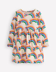 Boden Heart Pocket Fun Jersey Dress - Oatmeal Marl Rainbow Hearts