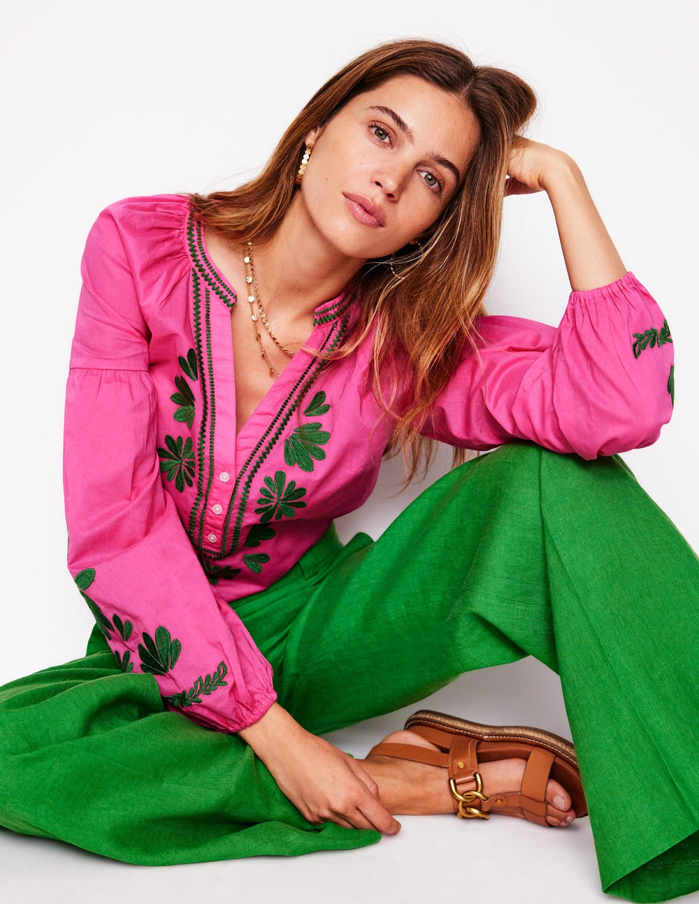 Boden Raglan Embroidered Cotton Top - Sorbet Pink