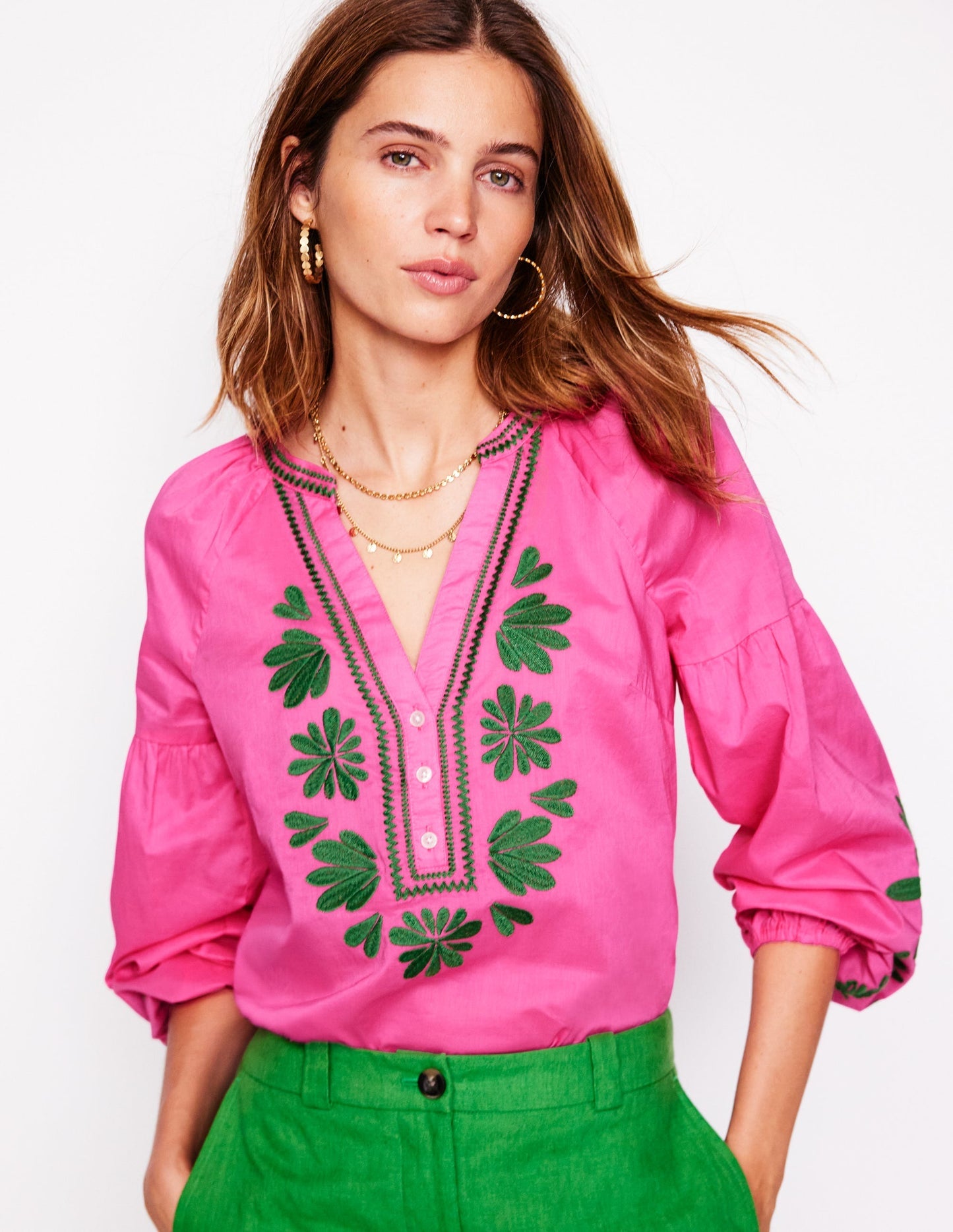 Boden Raglan Embroidered Cotton Top - Sorbet Pink