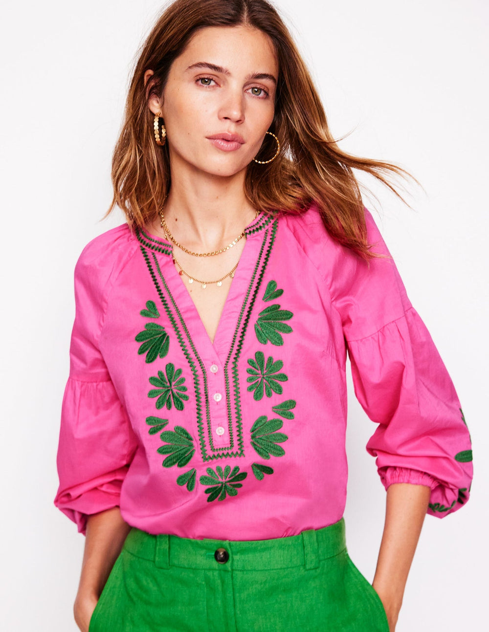 Boden Raglan Embroidered Cotton Top - Sorbet Pink