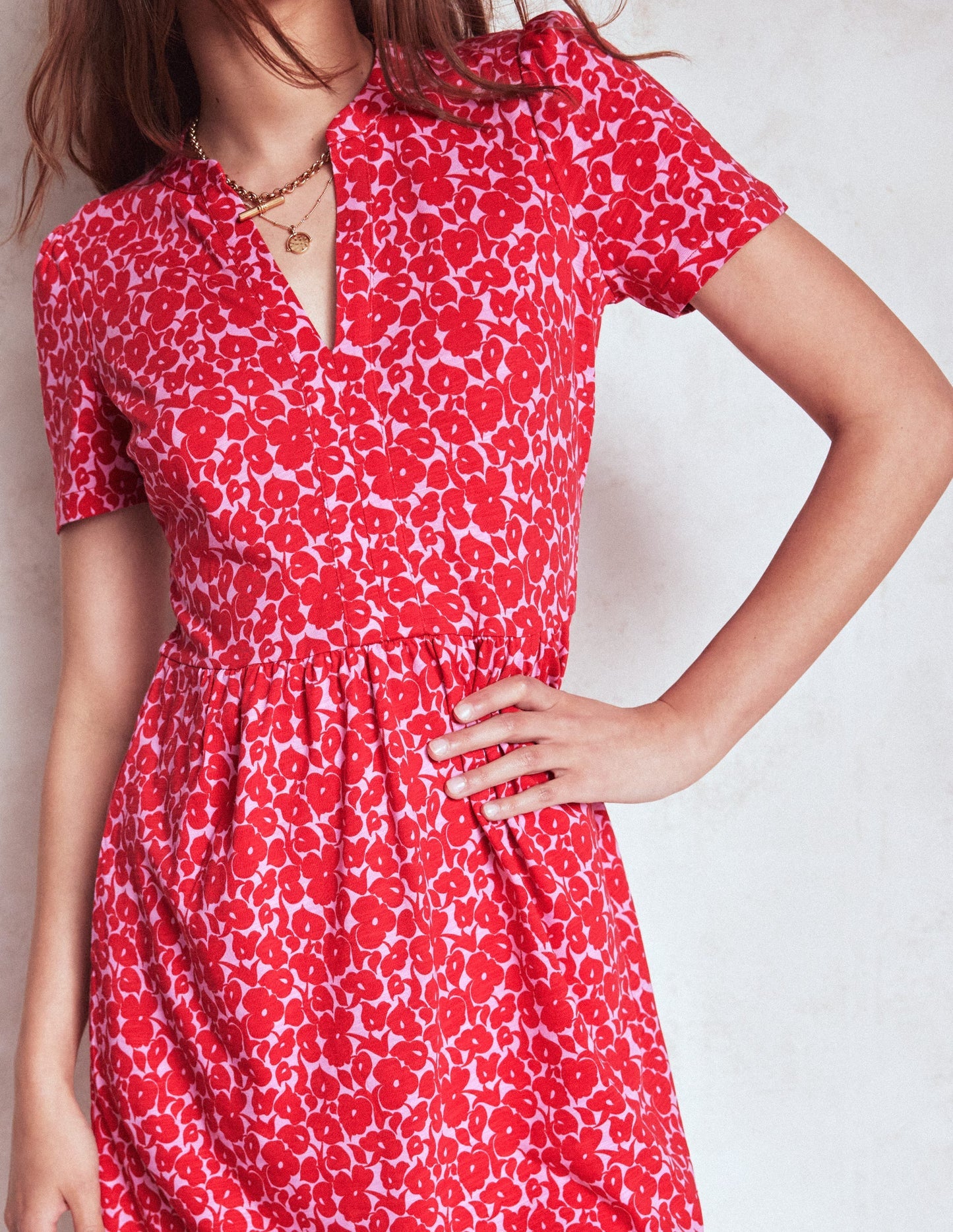 Boden Naomi Short Sleeve Dress - Jewel Red, Leafy Grove