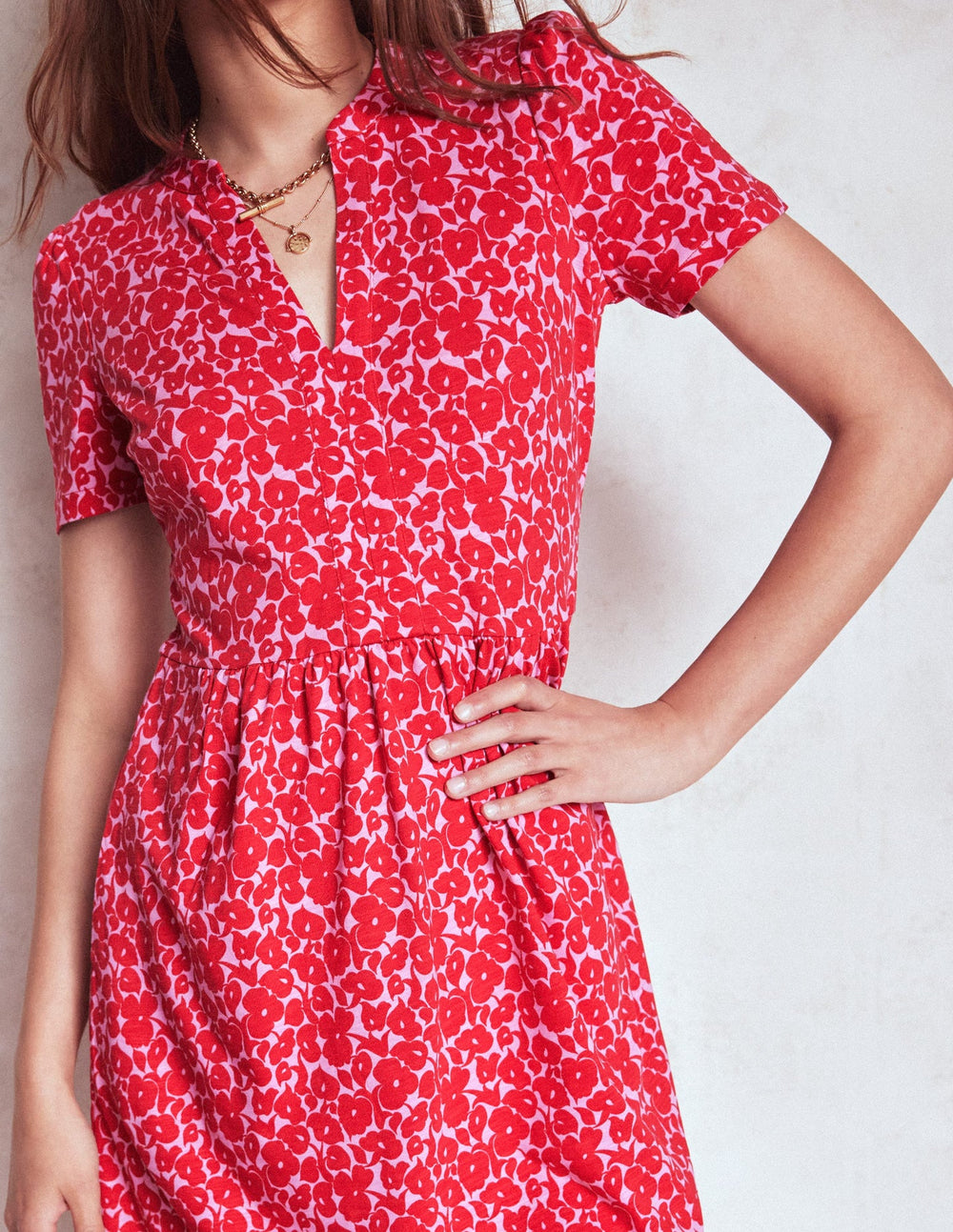 Boden Naomi Short Sleeve Dress - Jewel Red, Leafy Grove