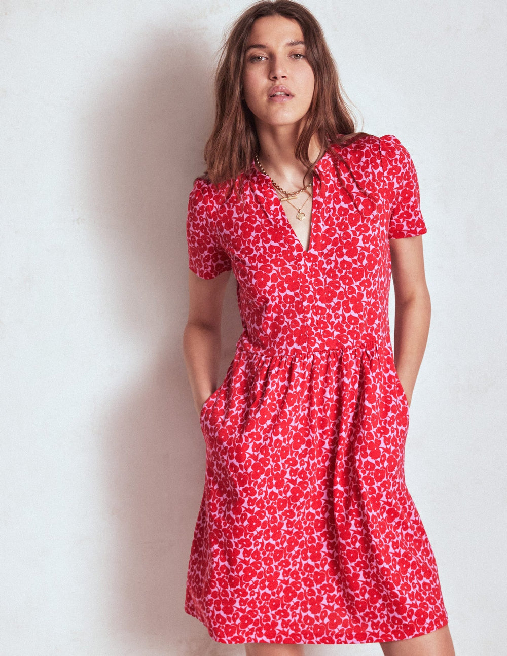 Boden Naomi Short Sleeve Dress - Jewel Red, Leafy Grove