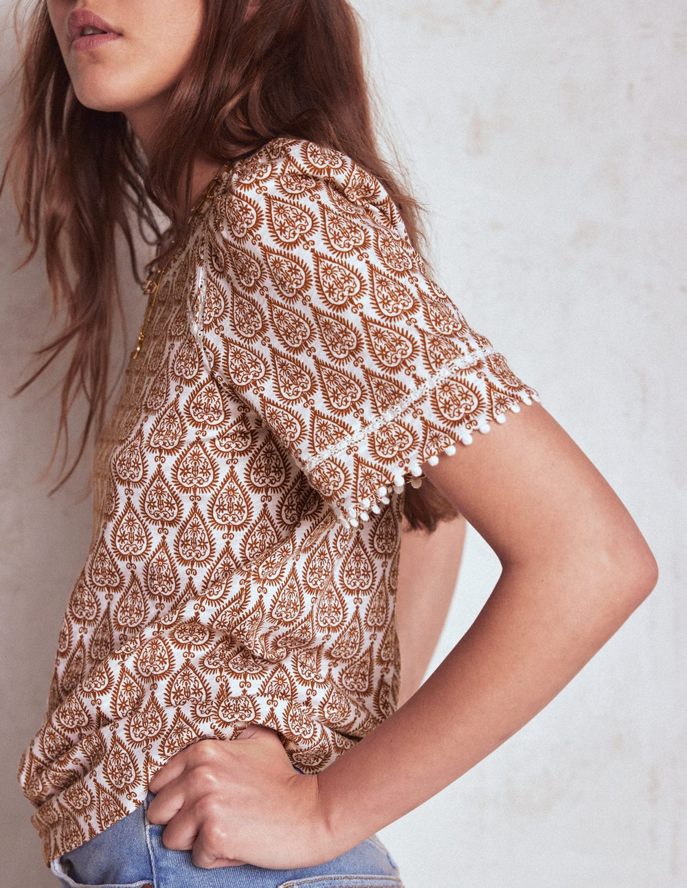 Boden Mila Lace Trim Top - Ivory and Cognac, Ornate Geo