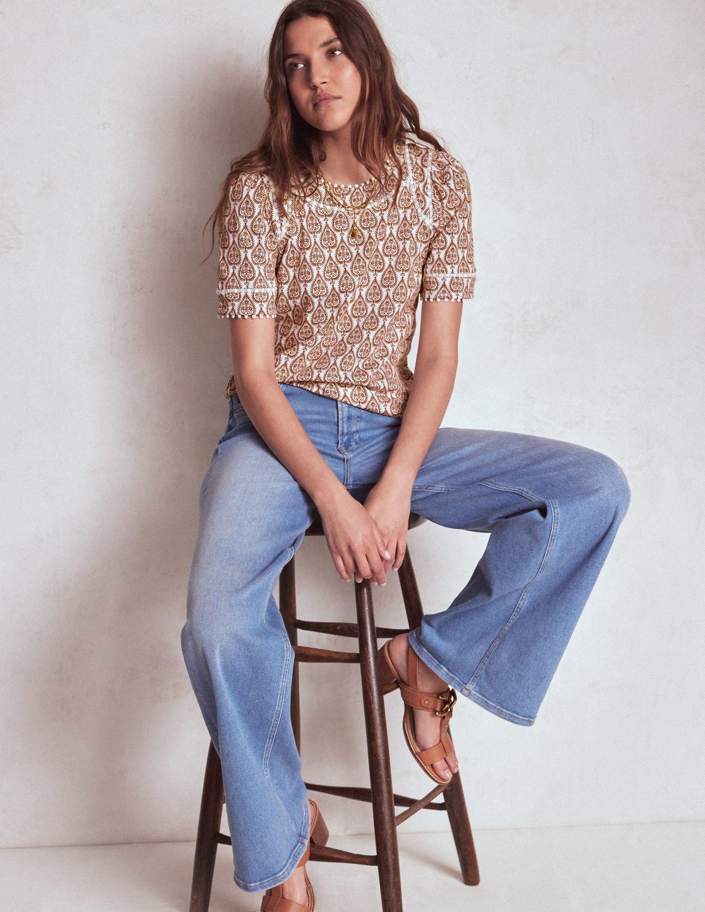 Boden Mila Lace Trim Top - Ivory and Cognac, Ornate Geo