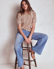 Boden Mila Lace Trim Top - Ivory and Cognac, Ornate Geo