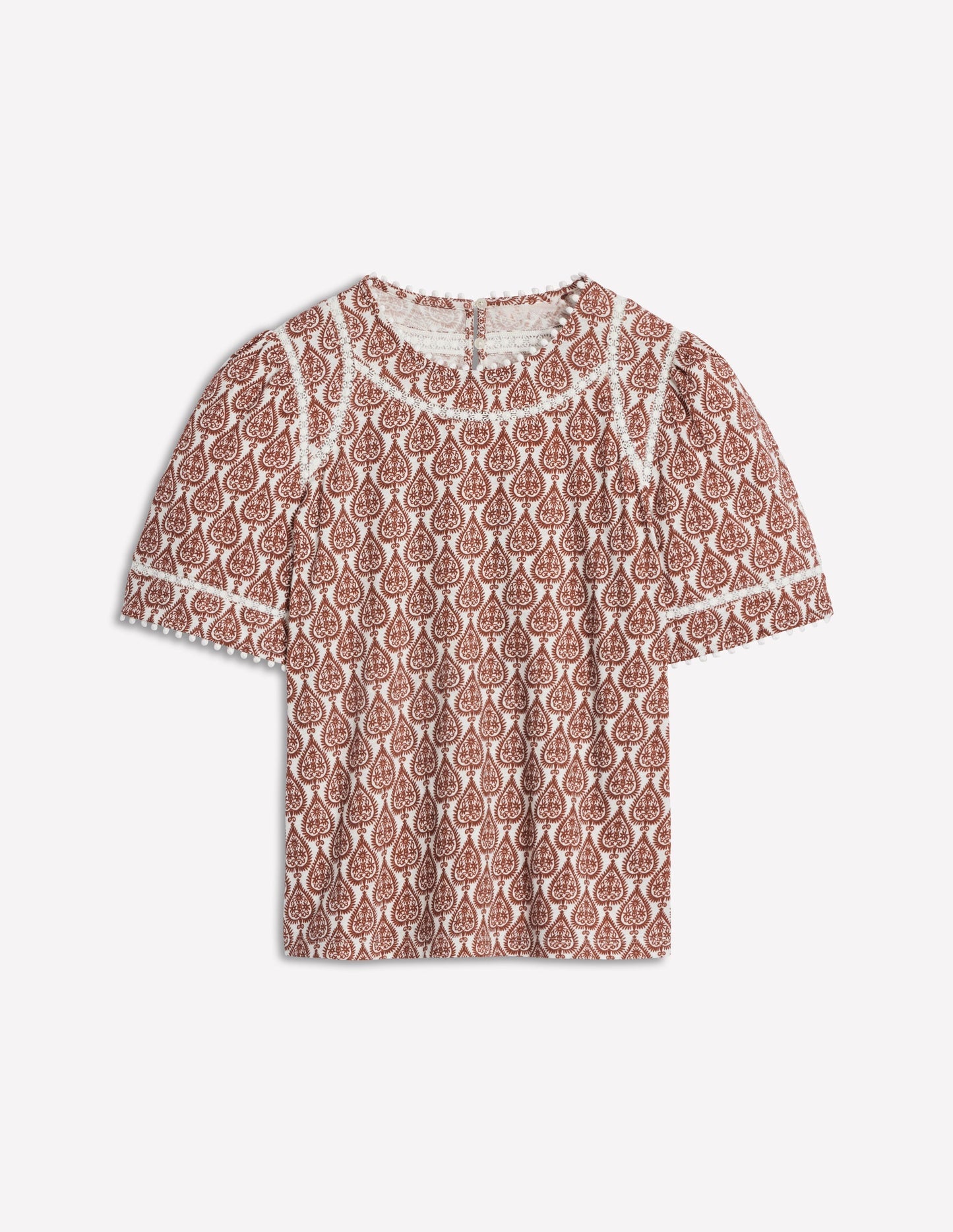 Boden Mila Lace Trim Top - Ivory and Cognac, Ornate Geo