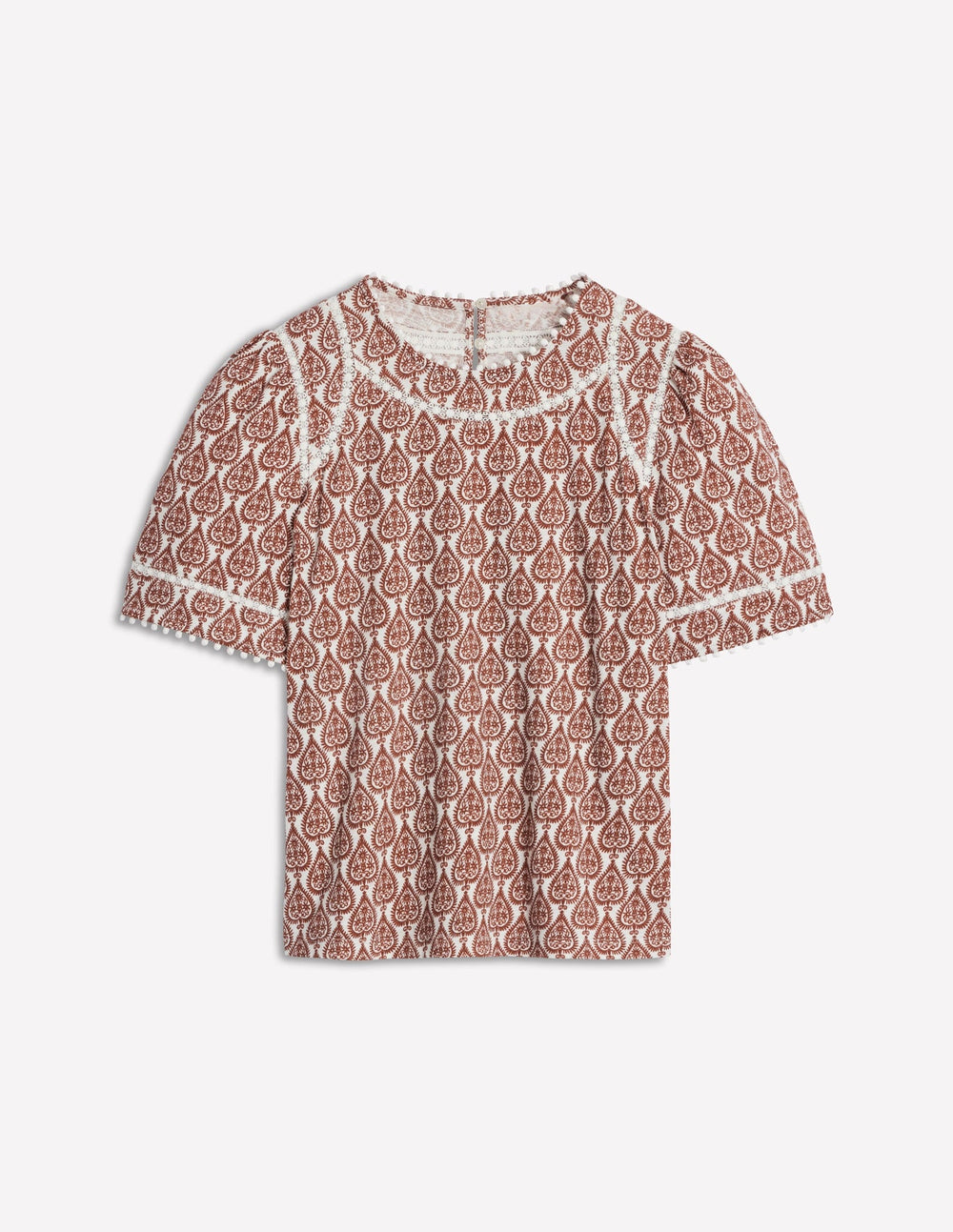 Boden Mila Lace Trim Top - Ivory and Cognac, Ornate Geo