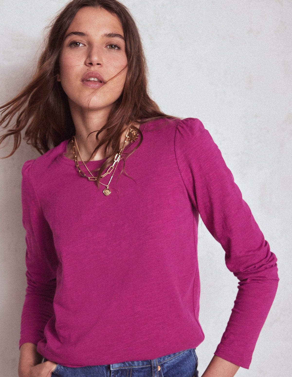 Boden Cotton Crew Long Sleeve Top - Rich Magenta