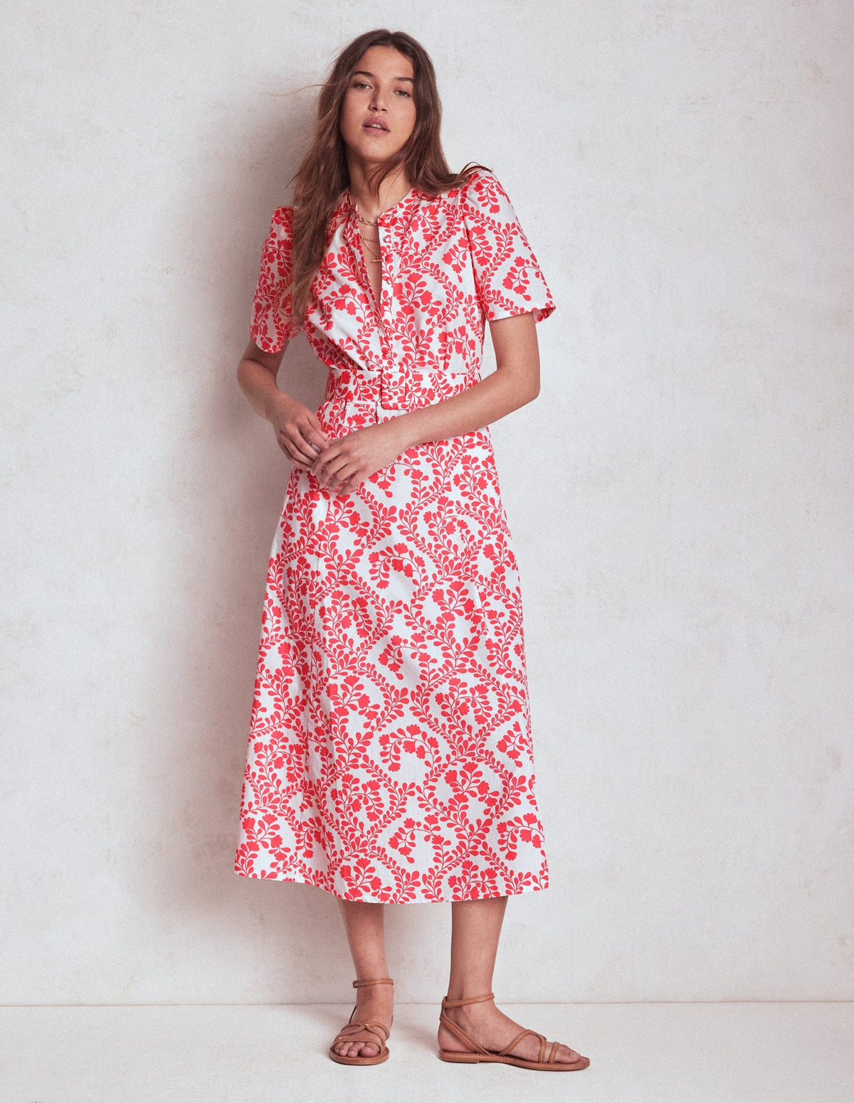 Boden Kate Puff Sleeve Belted Dress - lvory, Vine Silhouette