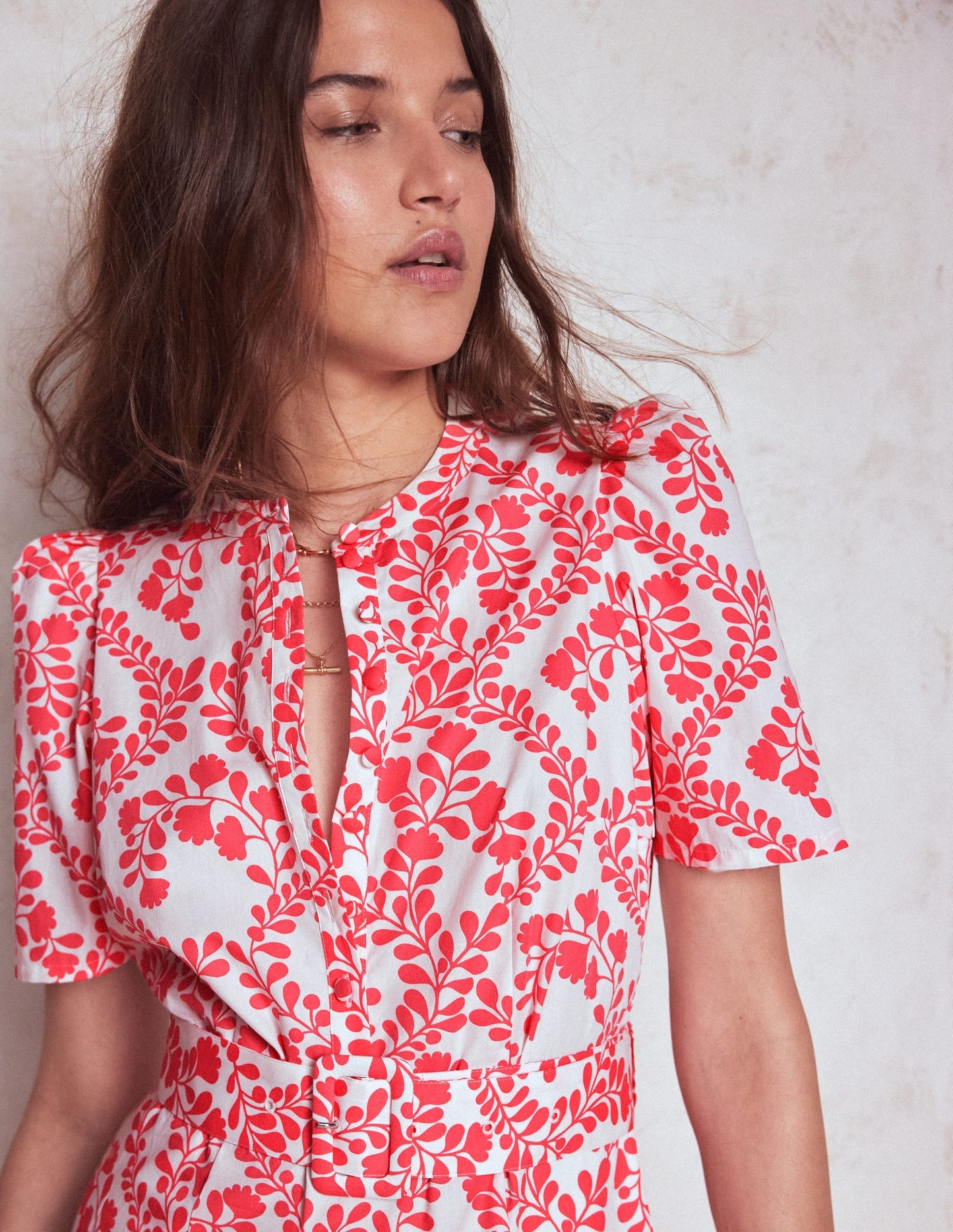 Boden Kate Puff Sleeve Belted Dress - lvory, Vine Silhouette