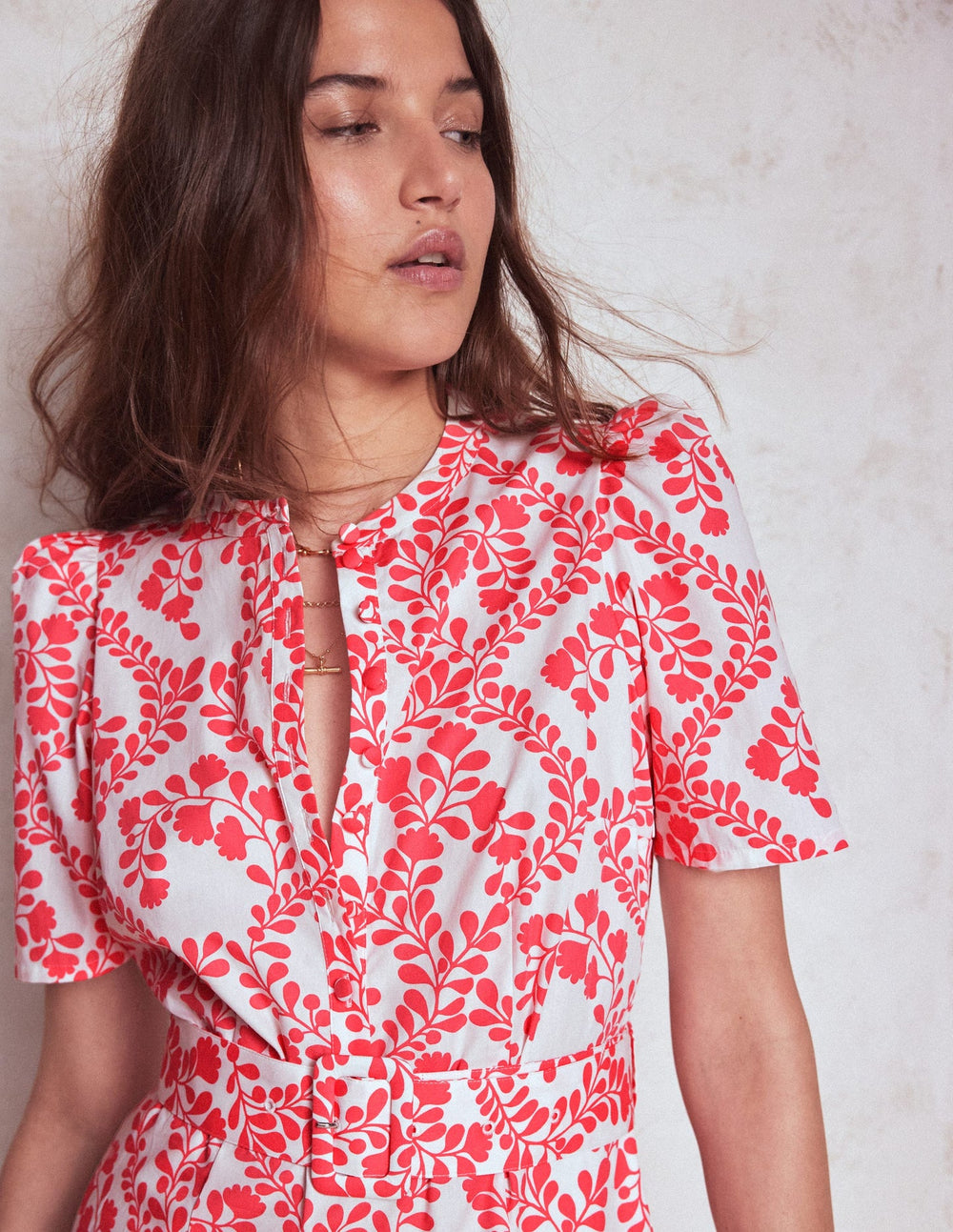 Boden Kate Puff Sleeve Belted Dress - lvory, Vine Silhouette