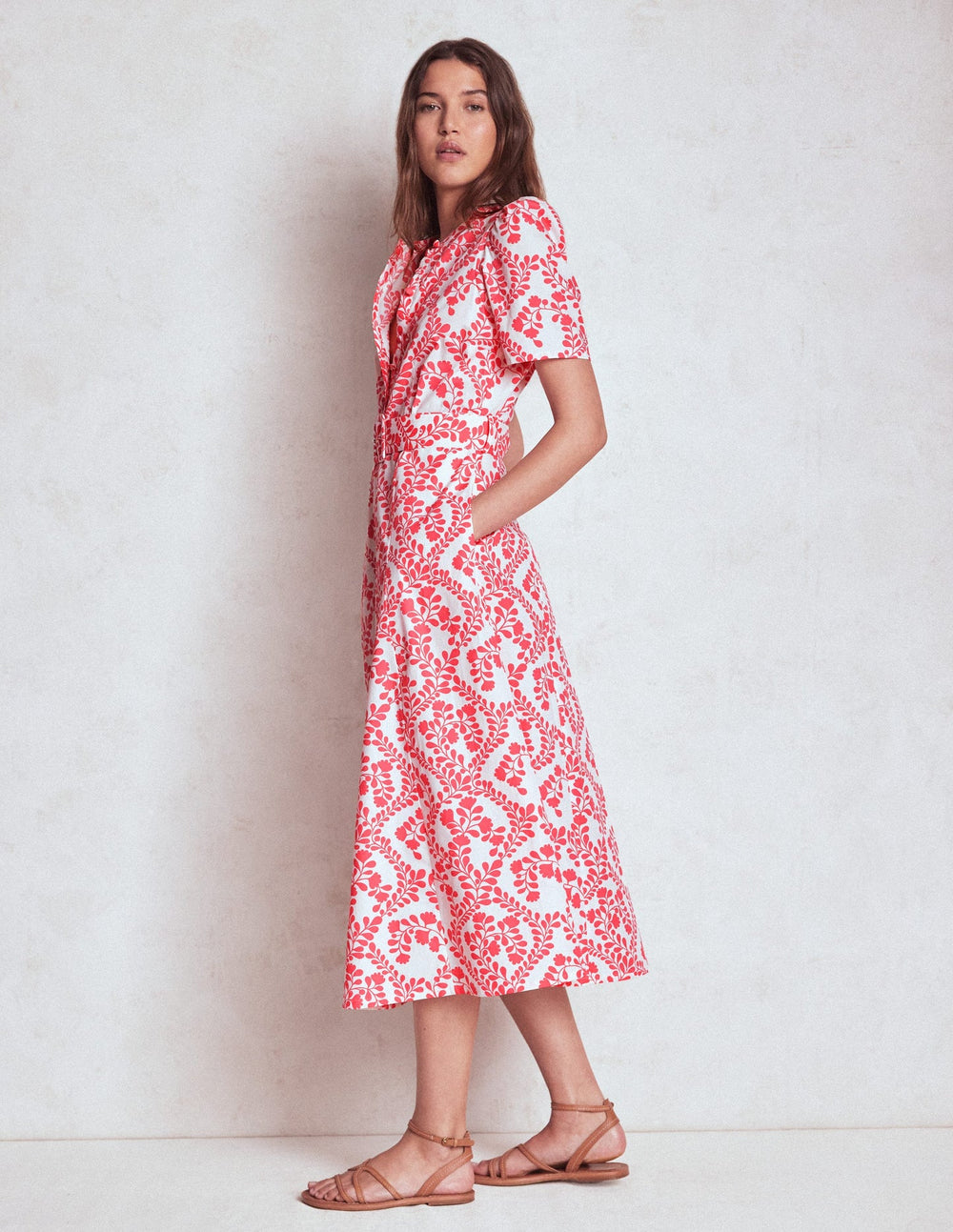 Boden Kate Puff Sleeve Belted Dress - lvory, Vine Silhouette
