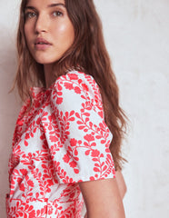 Boden Kate Puff Sleeve Belted Dress - lvory, Vine Silhouette