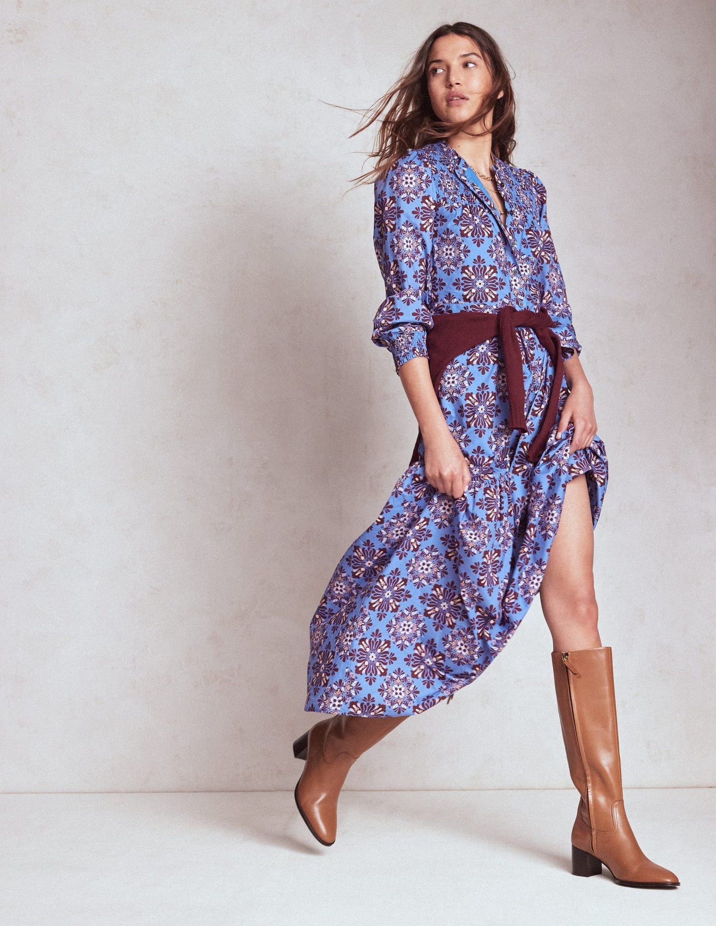 Boden Cecily Cotton Midi Dress - Soft Blue, Bloom Mosaic