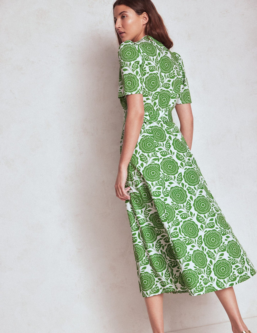 Boden Kate Puff Sleeve Belted Dress - Paradise Green, Dahlia Stamp