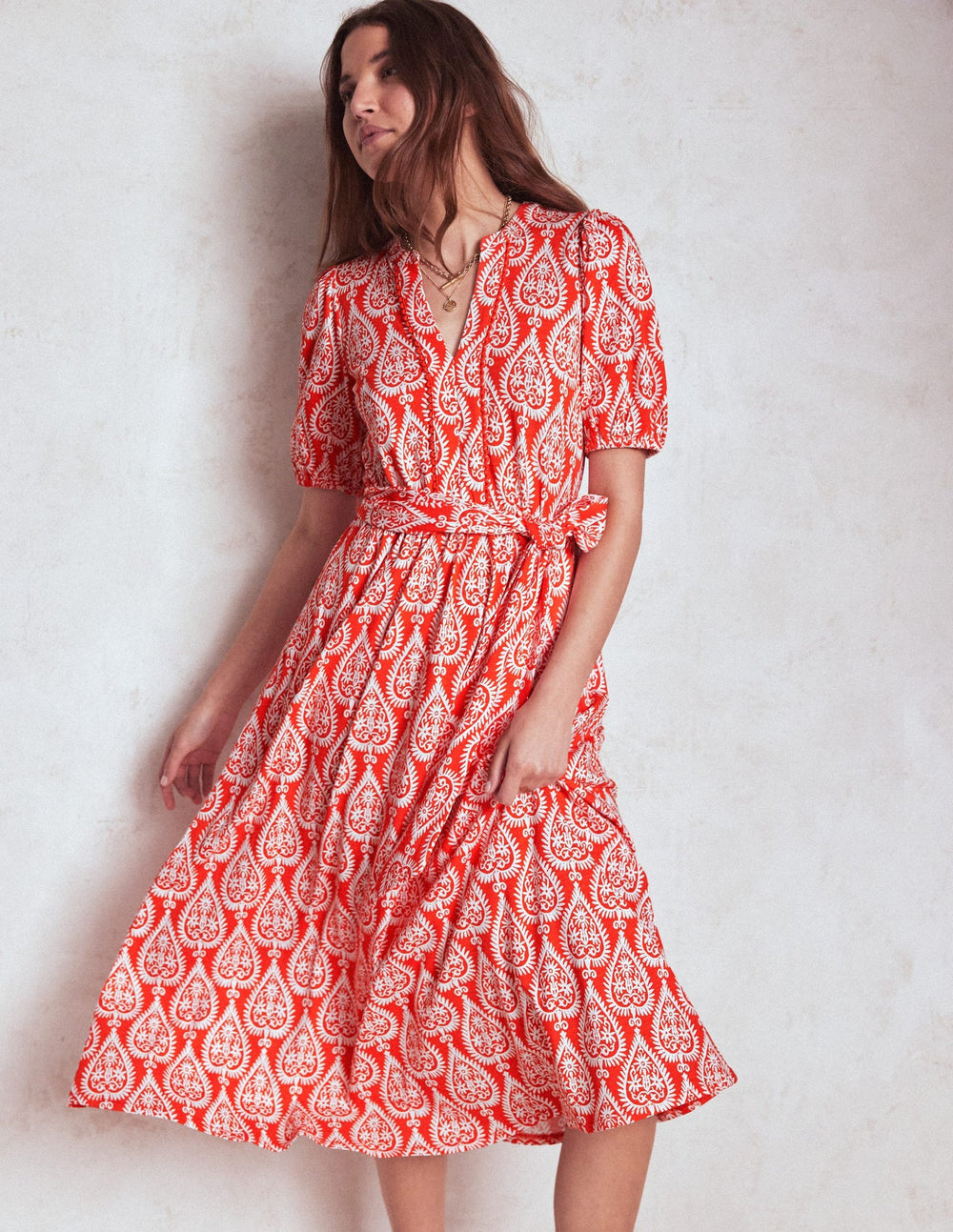 Boden Sofia Trim Jersey Midi Dress - Firecracker Red, Ornate Geo