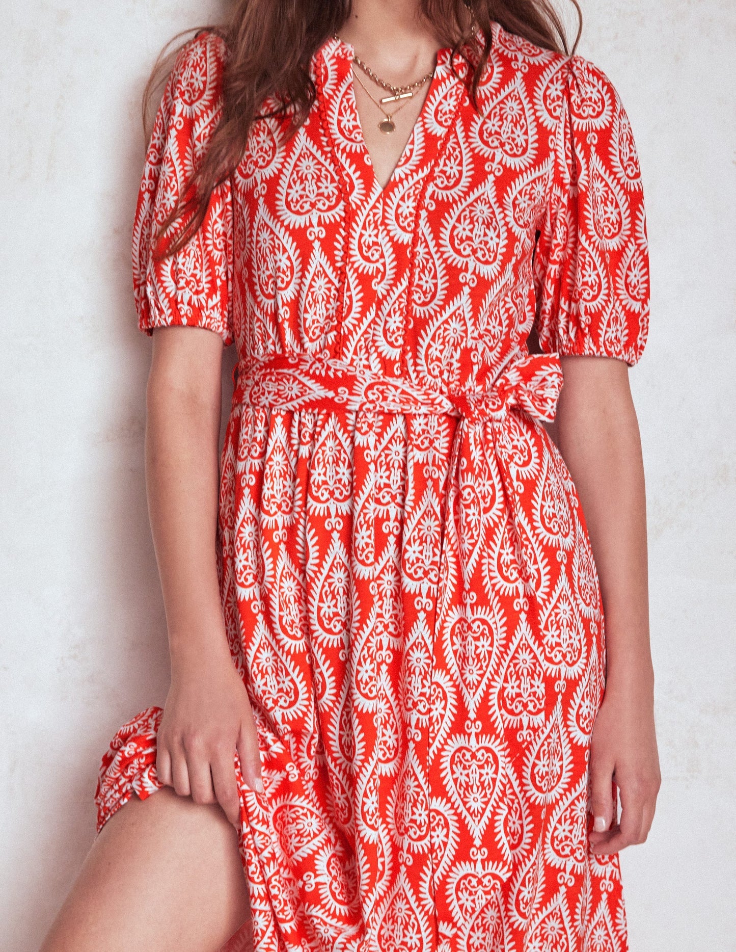 Boden Sofia Trim Jersey Midi Dress - Firecracker Red, Ornate Geo
