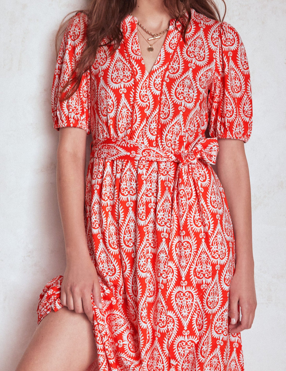 Boden Sofia Trim Jersey Midi Dress - Firecracker Red, Ornate Geo