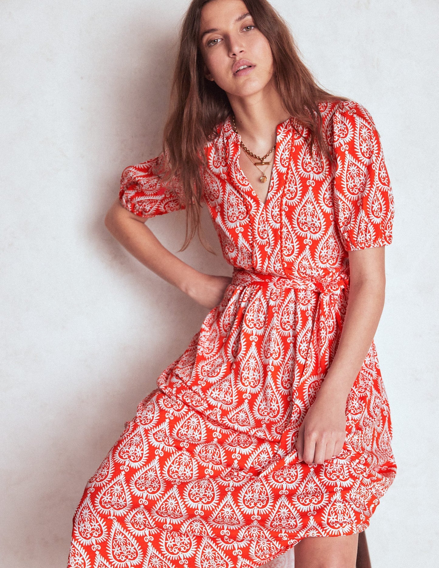 Boden Sofia Trim Jersey Midi Dress - Firecracker Red, Ornate Geo