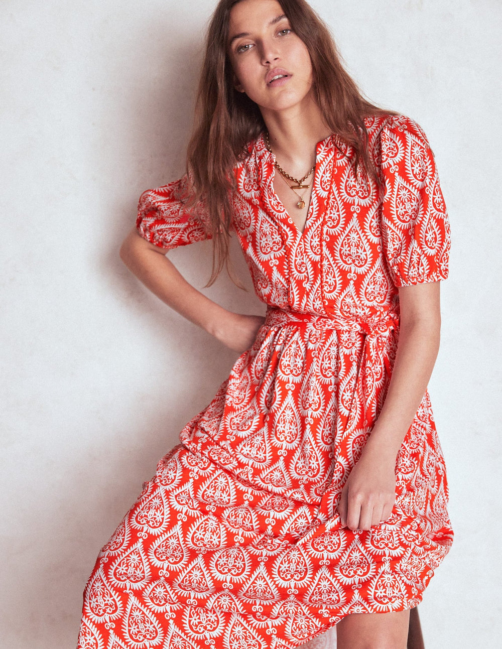 Boden Sofia Trim Jersey Midi Dress - Firecracker Red, Ornate Geo