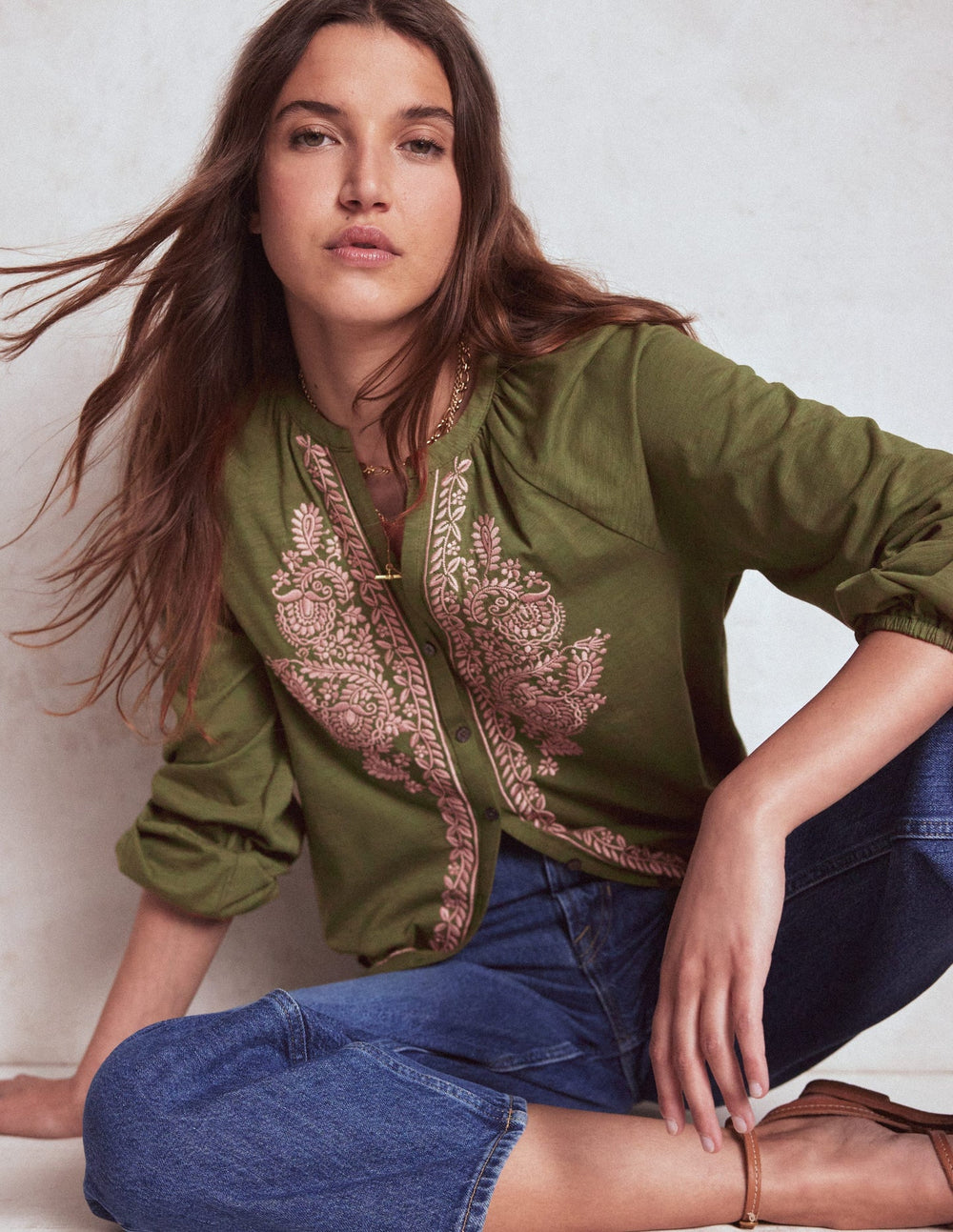 Boden Alma Embroidered Shirt - Woodland Green