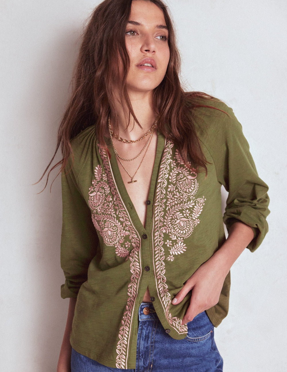 Boden Alma Embroidered Shirt - Woodland Green